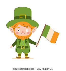 A cheerful leprechaun in a traditional green costume holds an Irish flag in his hand. This bright illustration is perfect for celebrating St. Patrick's Day and other Irish holidays.