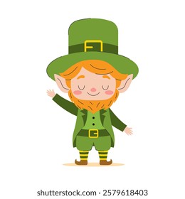 A cheerful leprechaun in a traditional green costume holds a glass of beer in his hand. This bright illustration is perfect for celebrating St. Patrick's Day and other Irish holidays.