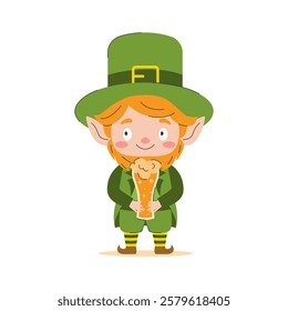 A cheerful leprechaun in a traditional green costume holds a glass of beer in his hand. This bright illustration is perfect for celebrating St. Patrick's Day and other Irish holidays.