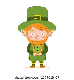 A cheerful leprechaun in a traditional green costume holds a glass of beer in his hand. This bright illustration is perfect for celebrating St. Patrick's Day and other Irish holidays.