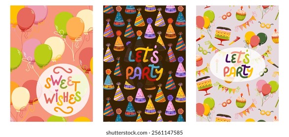 Cheerful Lets Party and Sweet Wishes illustrations with festive balloons, party hats, and sweet treats. For crafting birthday or celebration cards, party invitations, or gift tags