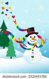 Cheerful LGBTQ+ Snowman with Rainbow Scarf and Colorful Hearts in a Winter Wonderland