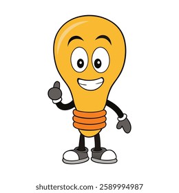 A cheerful light bulb cartoon character with glasses, a big smile, and a graduation cap, symbolizing education, creativity, and bright ideas in a fun and engaging way.