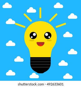 Cheerful light bulb on a background of clouds. Vector graphic