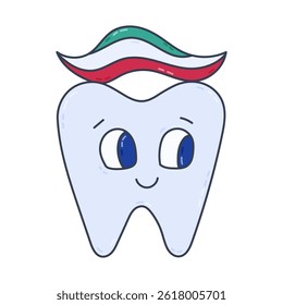 Cheerful line cartoon tooth with toothpaste on it. Smiling tooth with happy face ready to get dental care. Dentistry concept for kids for oral and teeth hygiene and treatment. Isolated vector doodle.