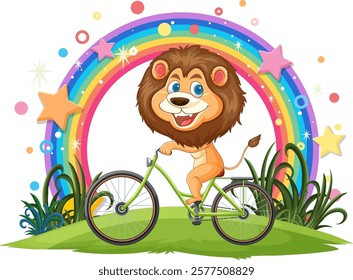 Cheerful lion cycling with colorful rainbow backdrop