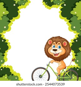 A cheerful lion cycling through lush greenery