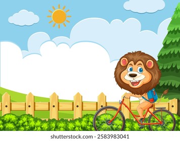 A cheerful lion cycling through a sunny landscape