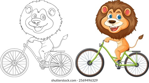 A cheerful lion riding a green bicycle