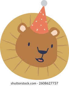 A cheerful lion wearing a festive party hat in a simple cartoon style. The playful animal illustration features a smiling face with a whimsical touch. Cartoon vector illustration.