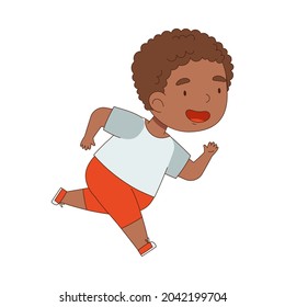 Cheerful Little African American Boy Running and Rushing at Full Speed Vector Illustration