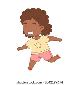Cheerful Little African American Girl Running and Rushing at Full Speed Vector Illustration