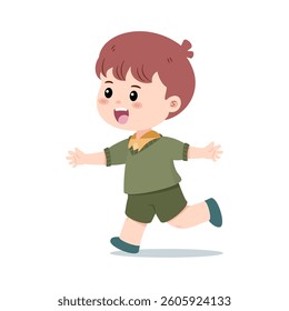A cheerful little boy with brown hair runs with outstretched arms, embodying the joy of children playing. Symbolizing happiness and fun. Vector illustration on white background.