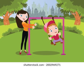 Cheerful little boy cartoon character playing on the swing with his mother at the park