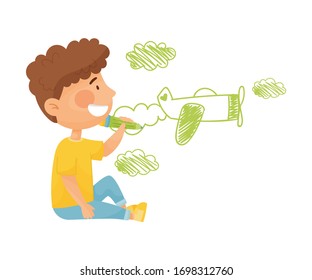 Cheerful Little Boy Drawing Plane with Pencil on the Wall Vector Illustration