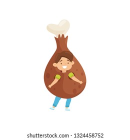 Cheerful little boy dressed in fried chicken leg costume. Kid with happy face. Outfit for carnival. Flat vector design