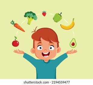 

Cheerful Little Boy Enjoying Healthy Foods Vector Cartoon. Happy child searching for organic ingredients for balanced meals
