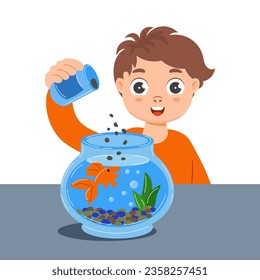 Cheerful little boy feed a fish in a glass aquarium. Pet care concept. Illustration, vector