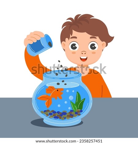 Cheerful little boy feed a fish in a glass aquarium. Pet care concept. Illustration, vector