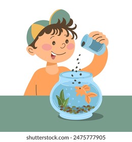 Cheerful little boy is feeding the fish in the aquarium. Pet care concept. Illustration, vector