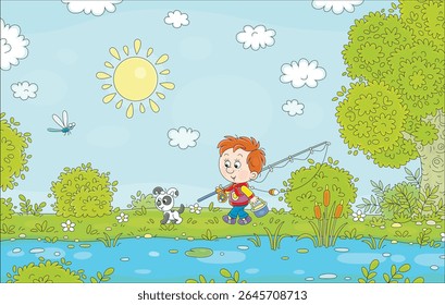 Cheerful little boy fisherman going fishing with a fishing-rod and a small bucket, together with his funny puppy, on a fun summer vacation, vector cartoon illustration