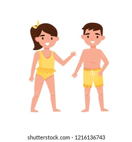 Cheerful little boy and girl in swimming suits. Children in aqua park. Flat vector illustration