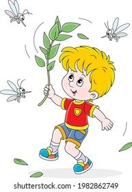 Cheerful little boy jumping, dispersing with a branch and brushing off small angry mosquitoes flying and humming around him, vector cartoon illustration isolated on a white background