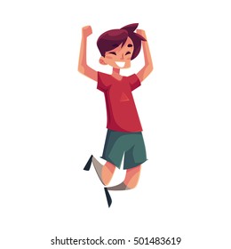 Cheerful little boy jumping from happiness, cartoon vector illustrations isolated on white background. Happy brown haired boy in shorts and t-shirt jumping in excitement
