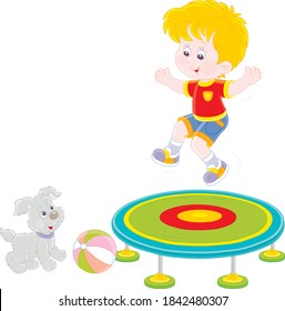 Cheerful little boy jumping on a toy trampoline on a playground, a small cute pup looking at him vector cartoon illustration isolated on a white background