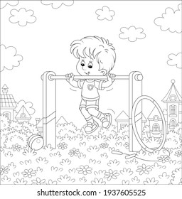 Cheerful little boy in light and sport clothes pulling himself up on a sport horizontal bar on a playground in a summer park of a pretty small town, black and white vector cartoon illustration