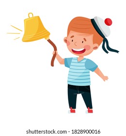 Cheerful Little Boy In Mariner Striped Vest And Peakless Hat Ringing Bell Vector Illustration