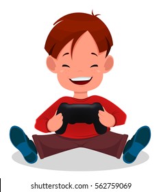 Cheerful little boy playing videogames. Cute cartoon kid. Cartoon little boy. Vector character. EPS10