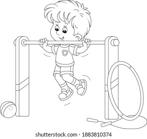 Cheerful little boy pulling himself up on a sport horizontal bar in a gym, black and white outline vector cartoon illustration for a coloring book page