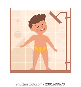 Cheerful little boy taking shower. Happy kid doing everyday hygiene activities cartoon vector illustration