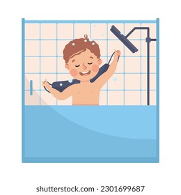 Cheerful little boy taking shower washing with washcloth. Happy kid doing everyday hygiene activities cartoon vector illustration
