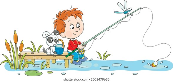 Niño alegre junto con su divertido cachorro pescando en un Pequeño estanque en el campo, ilustración de dibujos animados de Vector aislado en un fondo blanco