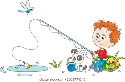 Niño alegre junto con su divertido cachorro pescando en un Pequeño estanque en el campo, ilustración de dibujos animados de Vector aislado en un fondo blanco