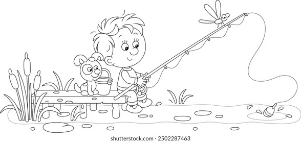 Cheerful little boy together with his funny pup fishing in a small pond in countryside, black and white outline vector cartoon illustration for a coloring book page