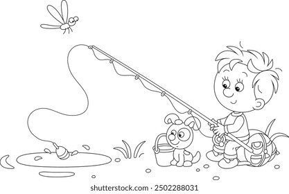 Niño alegre junto con su divertido cachorro pescando en un Pequeño estanque en el campo, ilustración de dibujos animados de Vector de contorno blanco y negro para una página de libro para colorear