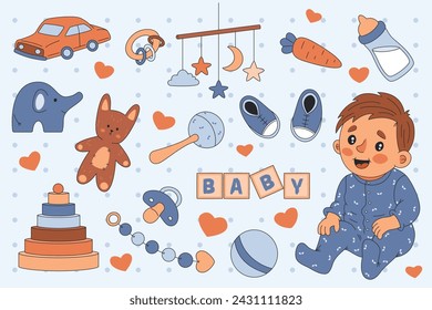 Cheerful little boy with toys and baby items, kids sticker collection