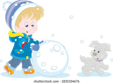 Cheerful little boy walking with his small pup and rolling a big snowball to make a funny snowman, vector cartoon illustration on a white background