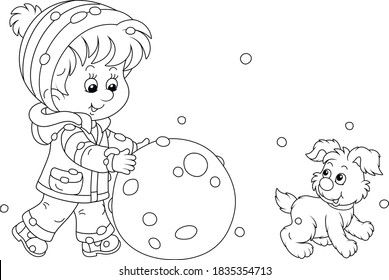 Cheerful little boy walking with his small pup and rolling a big snowball to make a funny snowman, black and white outline vector cartoon illustration for a coloring book page