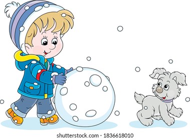 Cheerful little boy walking with his small pup and rolling a big snowball to make a funny snowman, vector cartoon illustration on a white background