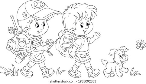 Cheerful little boys backpackers with a tourist compass and rucksacks, friendly smiling, talking and walking with their merry pup on summer vacation, black and white vector cartoon illustration