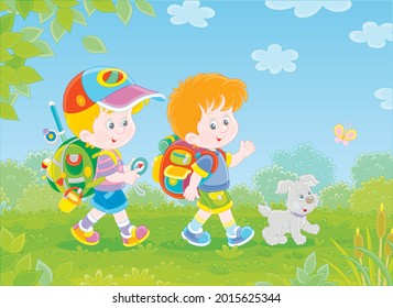 Cheerful little boys backpackers with a tourist compass and rucksacks, friendly smiling, talking and walking with their merry pup on summer vacation, vector cartoon illustration