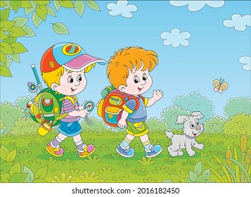 Cheerful little boys backpackers with a tourist compass and rucksacks, friendly smiling, talking and walking with their merry pup on summer vacation, vector cartoon illustration