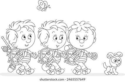 Cheerful little boys backpackers with a tourist compass and rucksacks, friendly smiling, talking and hiking with their merry pup on a fun summer vacation, black and white vector cartoon illustration