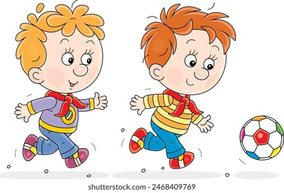 Cheerful little boys football players merrily running and jumping with their colorful ball on a playground, vector cartoon illustration on white