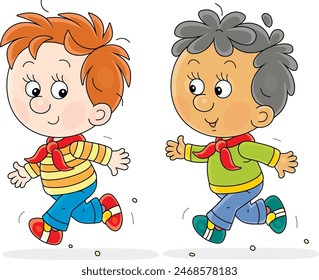 Cheerful little boys merrily running, jumping and playing catch up on a playground, vector cartoon illustration on a white 