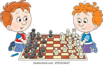 Cheerful little boys playing chess and talking friendly in a playroom of a kindergarten or primary school, vector cartoon illustration on a white background